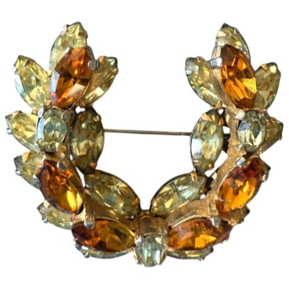 Vintage Signed Sherman Rhinestone Amber Brooch Gold Tone Wreath Shape